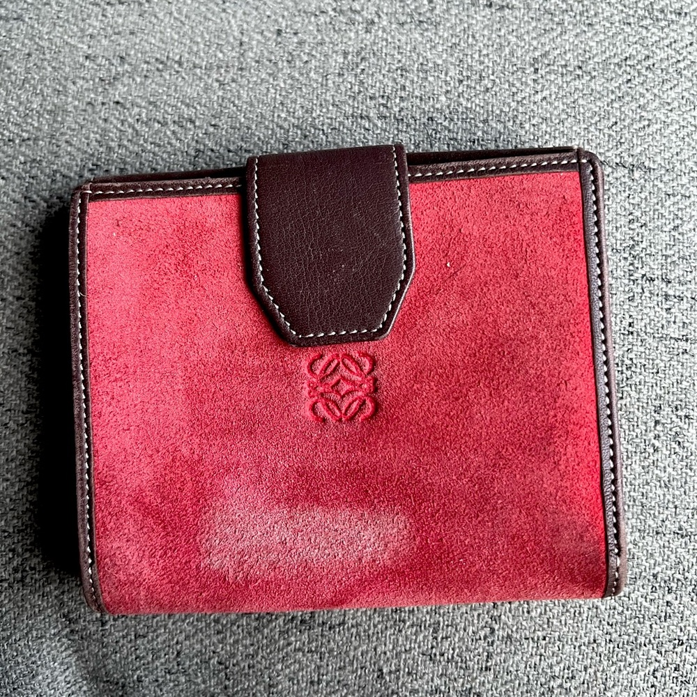 Loewe Vintage Amazona anagram suede bifold compact wallet.